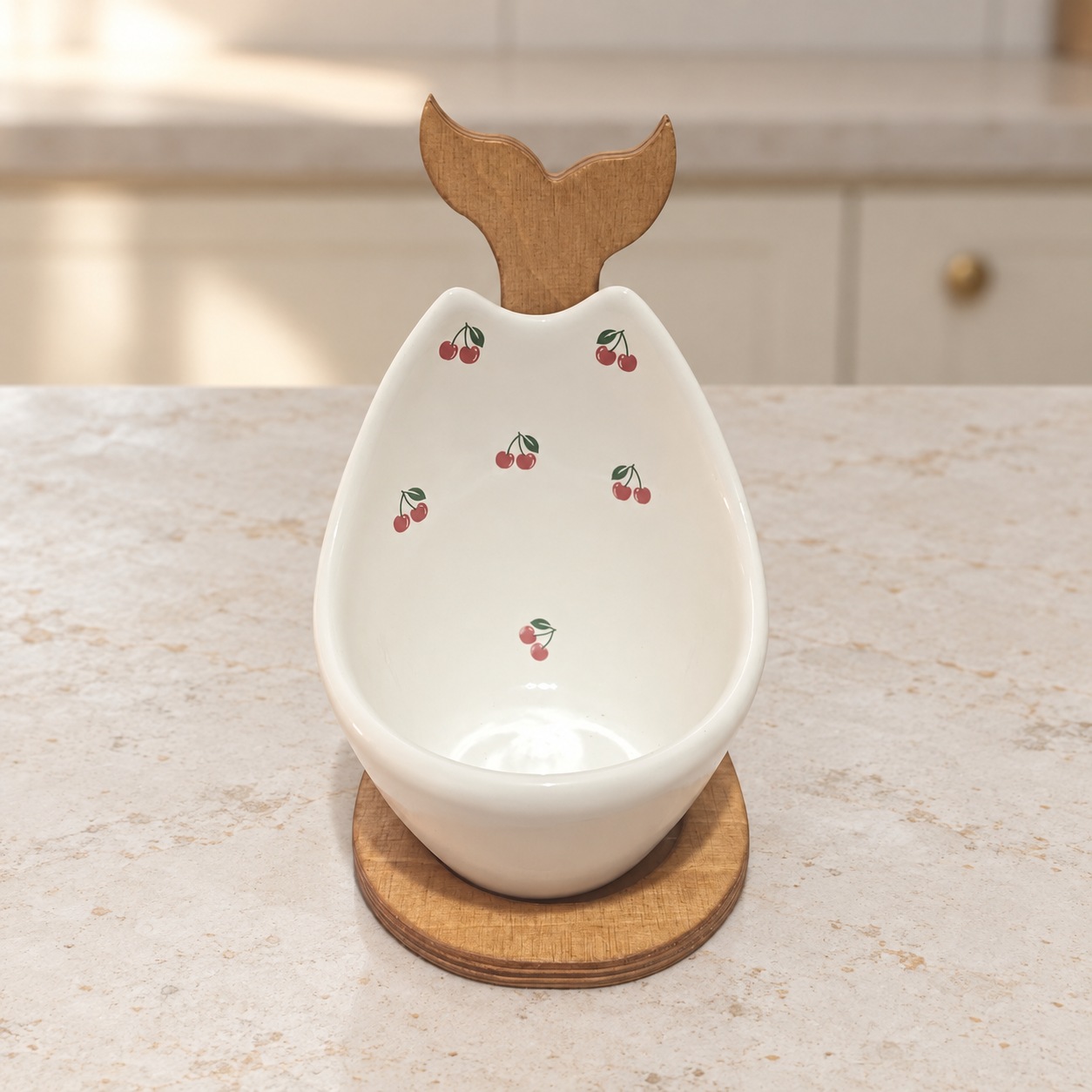 cherry-spoonrest-front جا قاشقی سرامیکی طرح آلبالو با پایه چوبی، نمای روبهرو