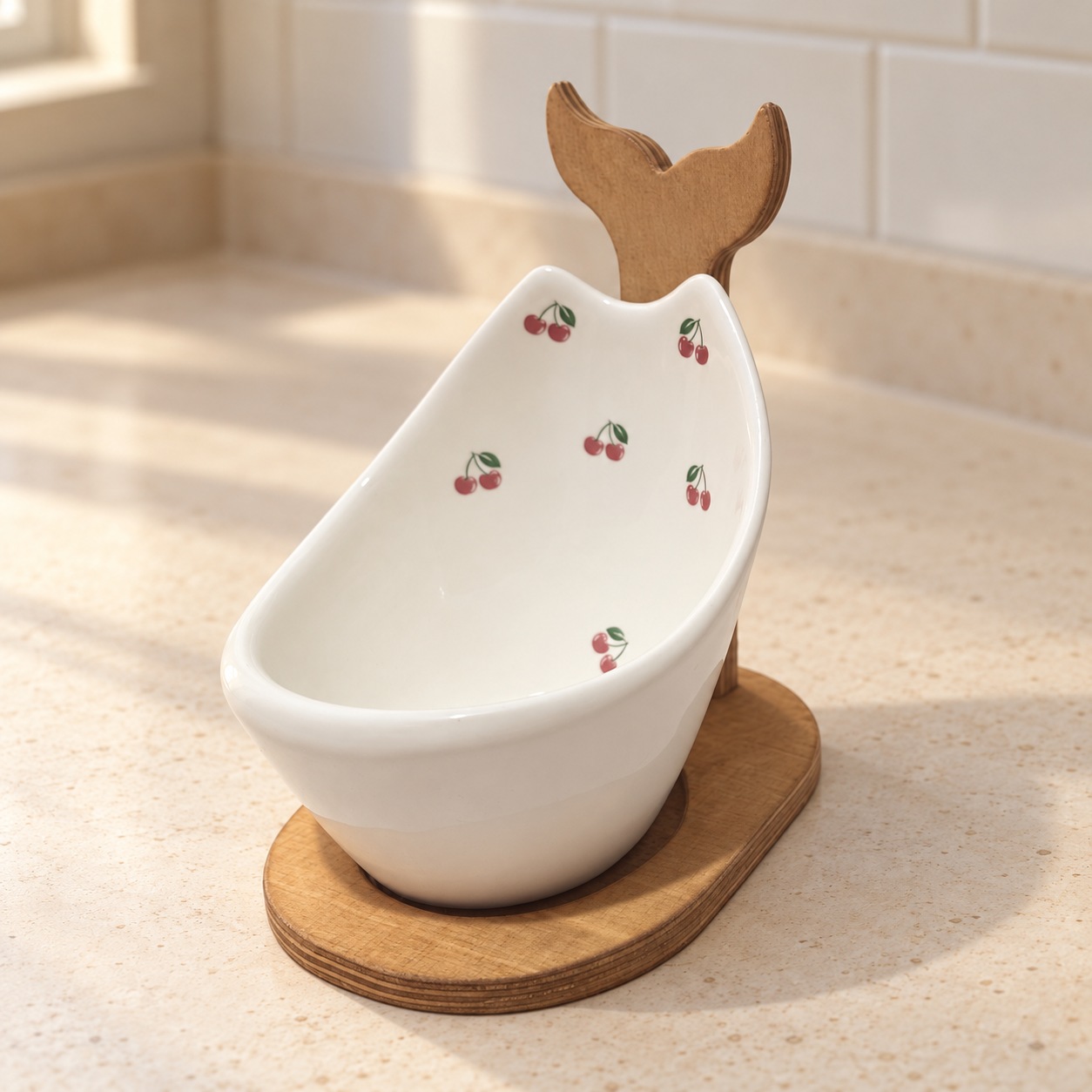 cherry-spoonrest-side جا قاشقی سرامیکی طرح آلبالو، نمای کناری با پایه چوبی